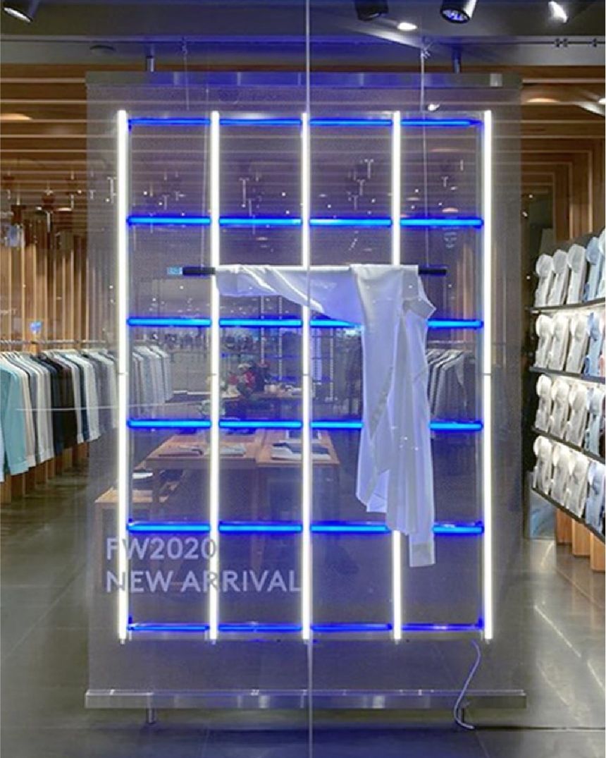 PYE window: LED-lit glass shelving frame for the FW2020 new arrivals